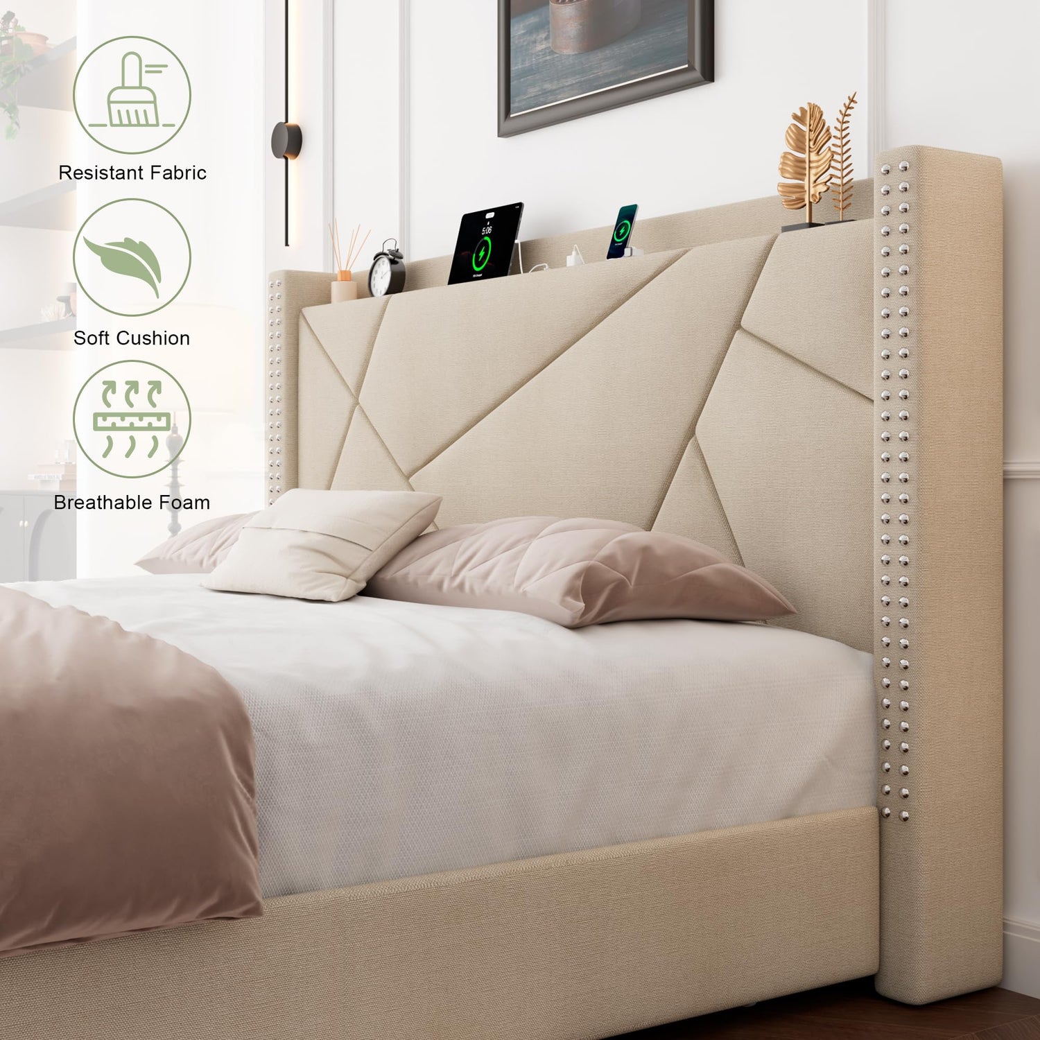 Queen Bed Frame with USB, Type-C, and AC Charging Ports