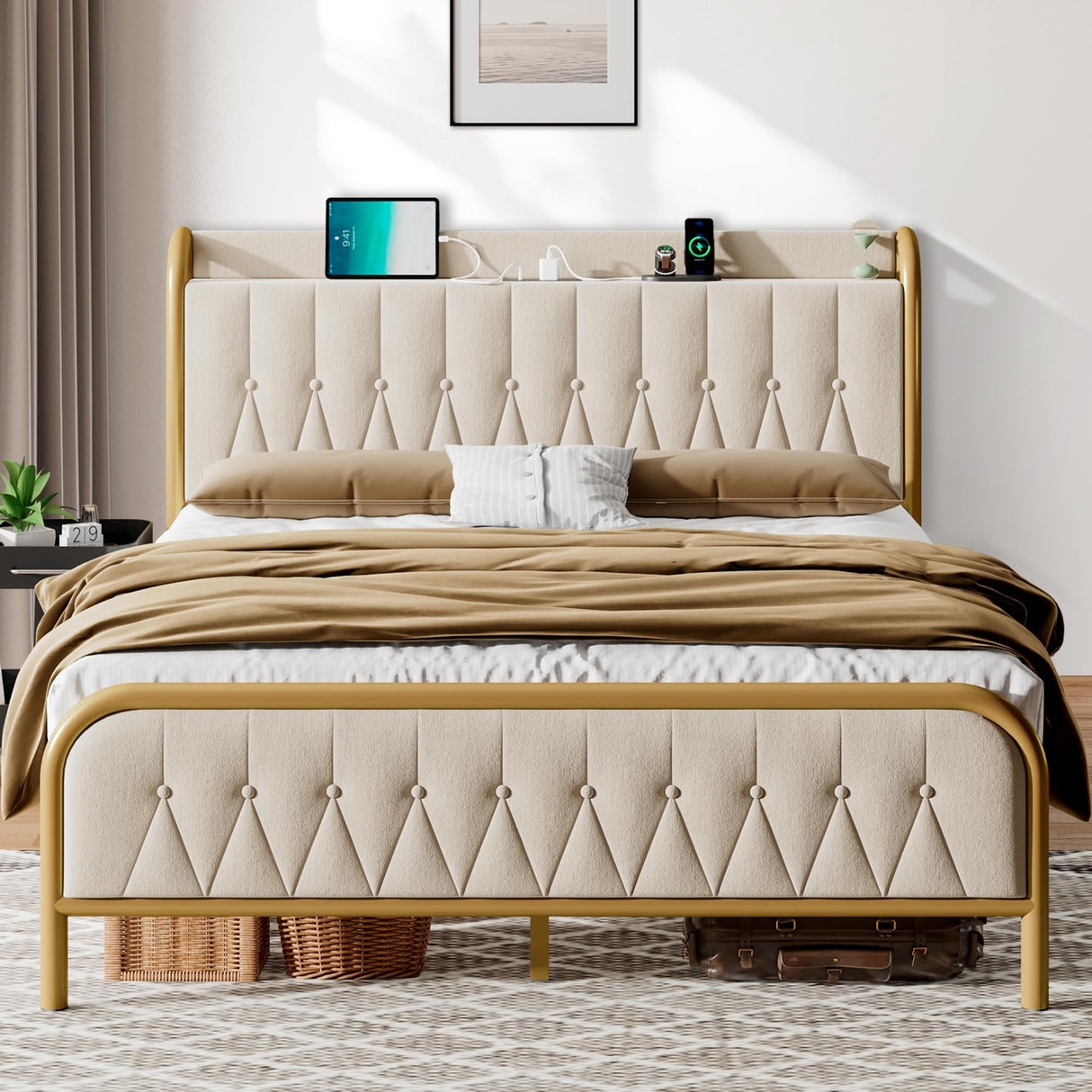 Queen size bed frame with USB & Type-C ports, velvet tufted headboard, and storage – Beige
