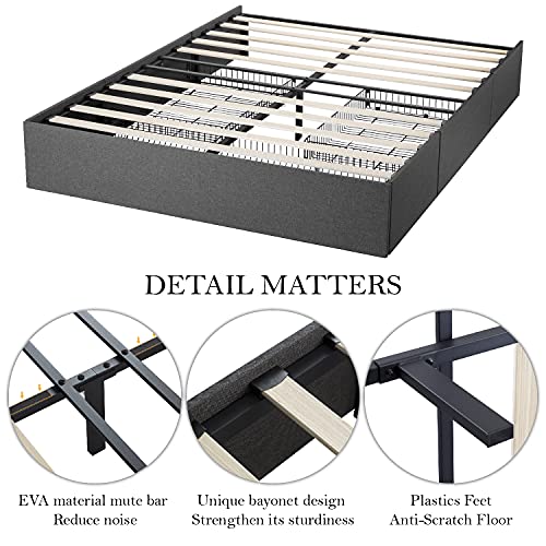 Queen size platform bed frame with sturdy metal slats, noise-reducing EVA bars, and anti-scratch plastic feet for durability and stability.