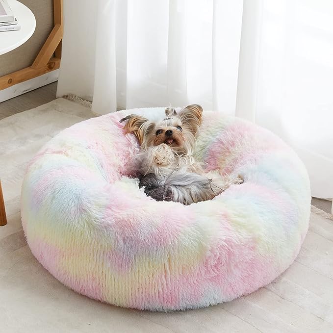 Calming Dog Bed Cat Bed Donut, Faux Fur Pet Bed Self-Warming Donut Cuddler