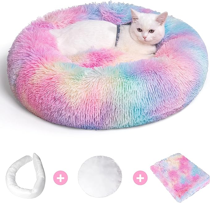 Calming Dog Bed - Anti Anxiety with Removable Cover - Cute Round Fluffy Plush Faux