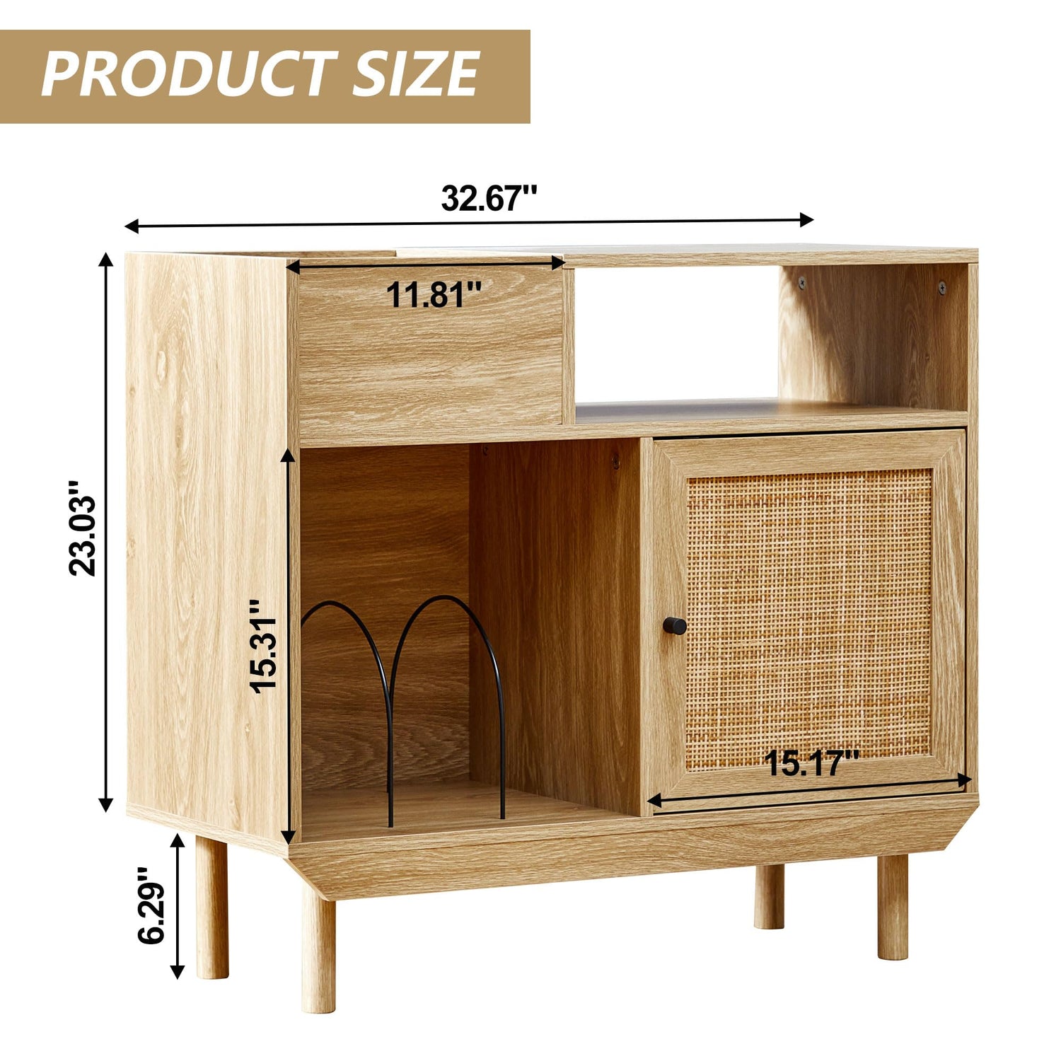 Rattan record player stand with vinyl storage, solid wood legs, and detailed product dimensions for size reference.