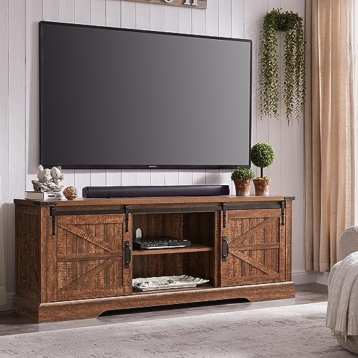 Farmhouse TV Stand for 75 Inch TV with Sliding Barn Door, Rustic Wood Entertainment Center
