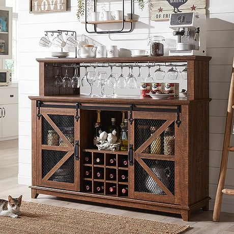 Coffee Bar Cabinet with Storage, 55" Farmhouse Kitchen Buffet Sideboard