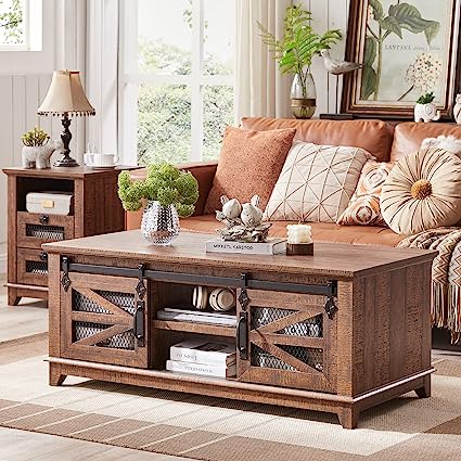 48'' Coffee Table with Storage & Sliding Barn Doors, Farmhouse & Industrial Center Table w/Adjustable Shelves