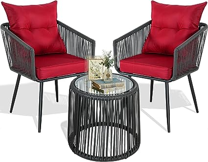 3 Piece Patio Bistro Set, Outdoor Wicker Balcony Furniture