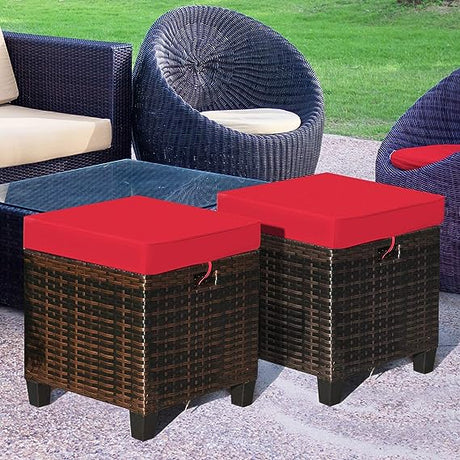 Hysache Outdoor Patio Ottoman Set of 2, All Weather Rattan Ottoman Set