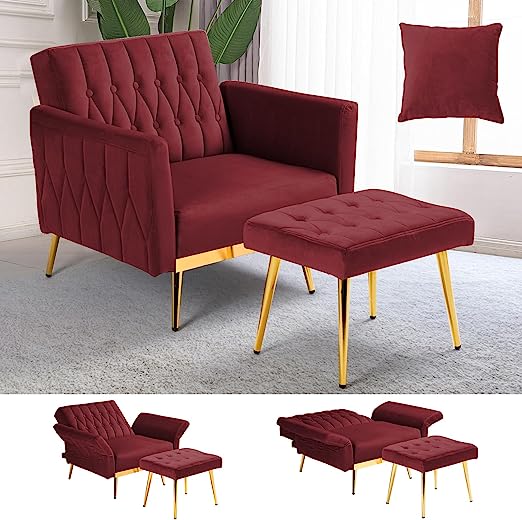 Velvet Accent Chair with Adjustable Armrests and Backrest, Button Tufted Lounge Chair, Single Recliner Armchair with Ottoman and Pillow
