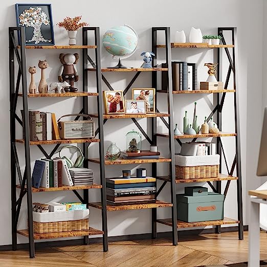 Modern Triple Wide 5 Tiers Bookshelf with Storage, Industrial Bookcase with 14 Open Display Shelves