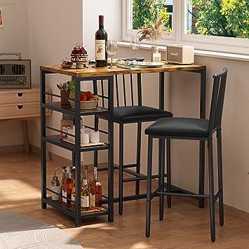 Bar Table and Chairs Set for 2 with 3 Storage Shelves, Modern Pub Table Set