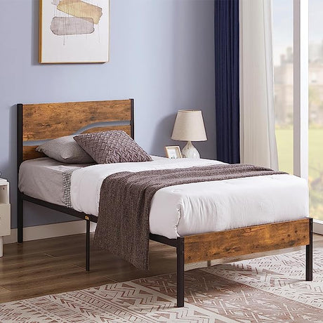 Platform Bed Frame Twin Size with Rustic Vintage Wood Headboard, Mattress Foundation