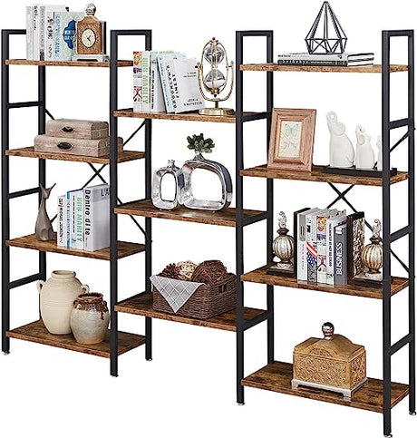 Triple 4 Tier Bookshelf, Bookcase with 11 Open Display Shelves