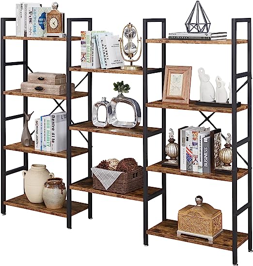 Triple 4 Tier Bookshelf, Bookcase with 11 Open Display Shelves