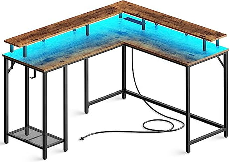 L Shaped Gaming Desk with Power Outlets & LED Lights, Computer Desk