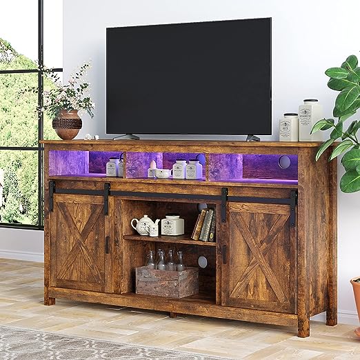 LED Farmhouse TV Stand for 65 inch TVs, Rustic TV Stands