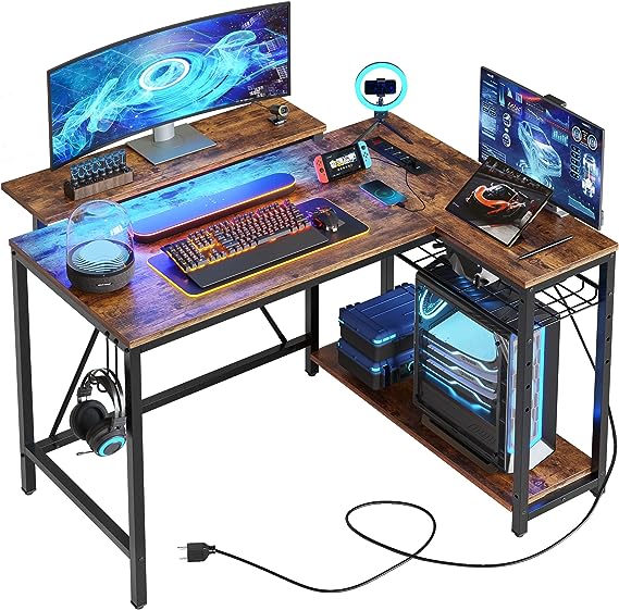 Small L Shaped Gaming Desk with Power Outlets,42 inch LED Computer Desk