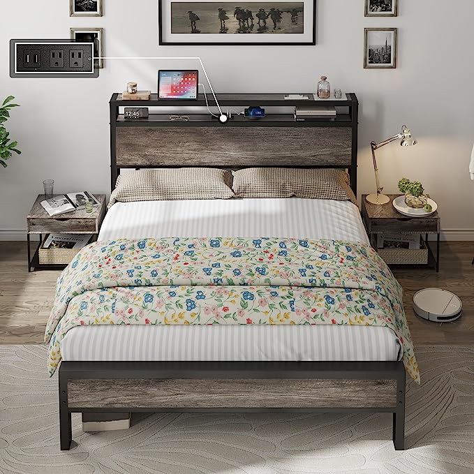 Bed Frame Industrial Platform Bed with Charging Station, 2-Tier Storage Headboard