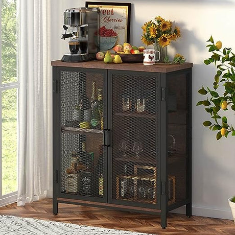 Industrial Coffee Bar Cabinet with Storage, Farmhouse Wood Metal Cabinet