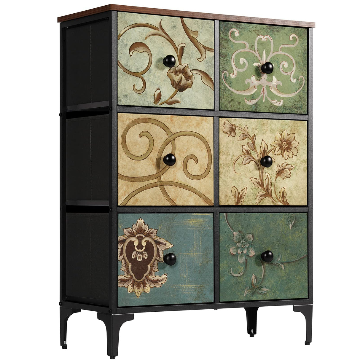 Rustic Fabric Storage Drawers with Wooden Top & Metal Frame