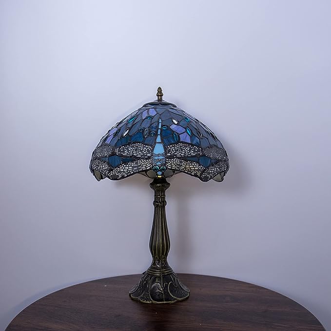 Tiffany Table Lamp Blue Stained Glass Style Vintage