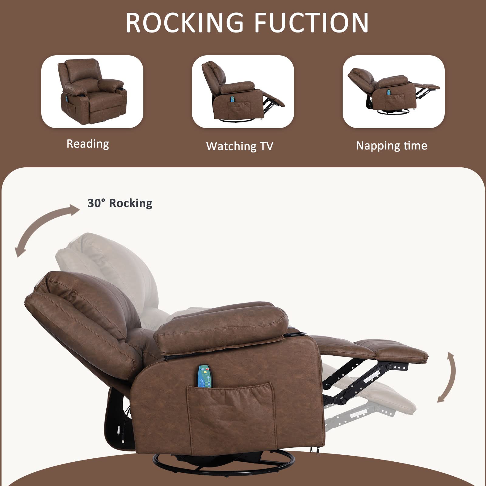 Side profile of swivel recliner chair with extended footrest and smooth PU leather

