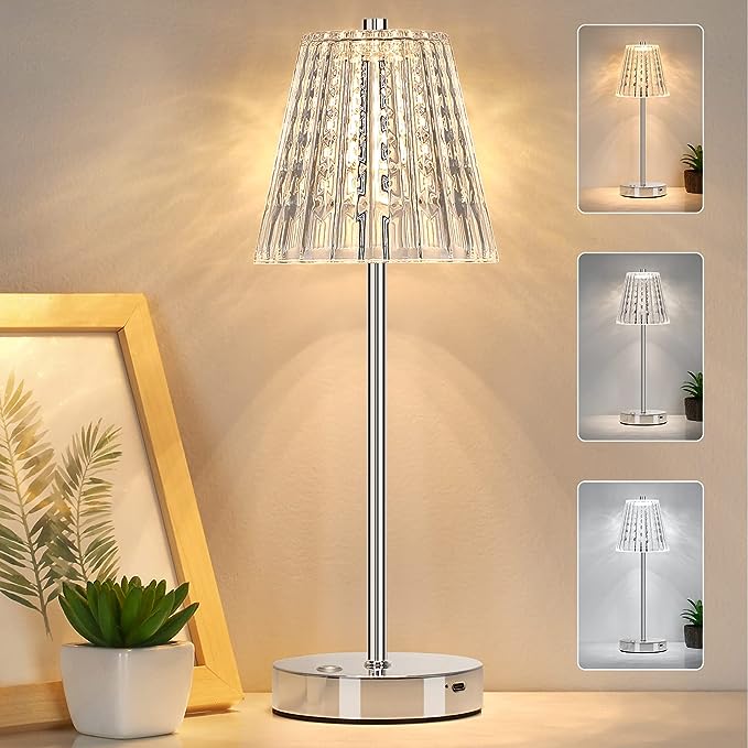 Touch Table Lamp, Stepless Dimming Crystal LED Lamp with 3 Modes, Rechargeable