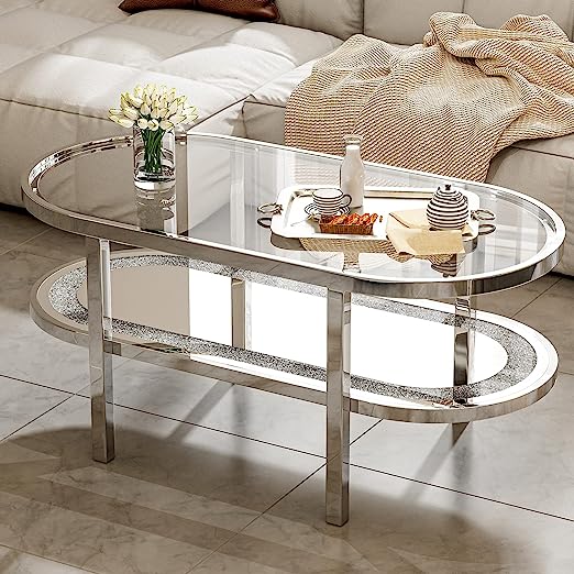Glass Coffee Table with 2 Tier Glass Boards & Sturdy Metal Legs, Mirrored Clear Rectangle Glass End Table Coffee Tea Table