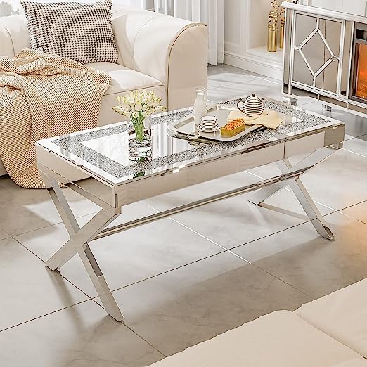 Glass Coffee Table with 2 Tier Glass Boards & Sturdy Metal Legs, Mirrored Clear Rectangle Glass End Table Coffee Tea Table