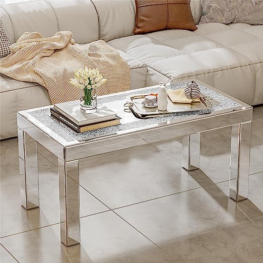 Glass Coffee Table with 2 Tier Glass Boards & Sturdy Metal Legs, Mirrored Clear Rectangle Glass End Table Coffee Tea Table