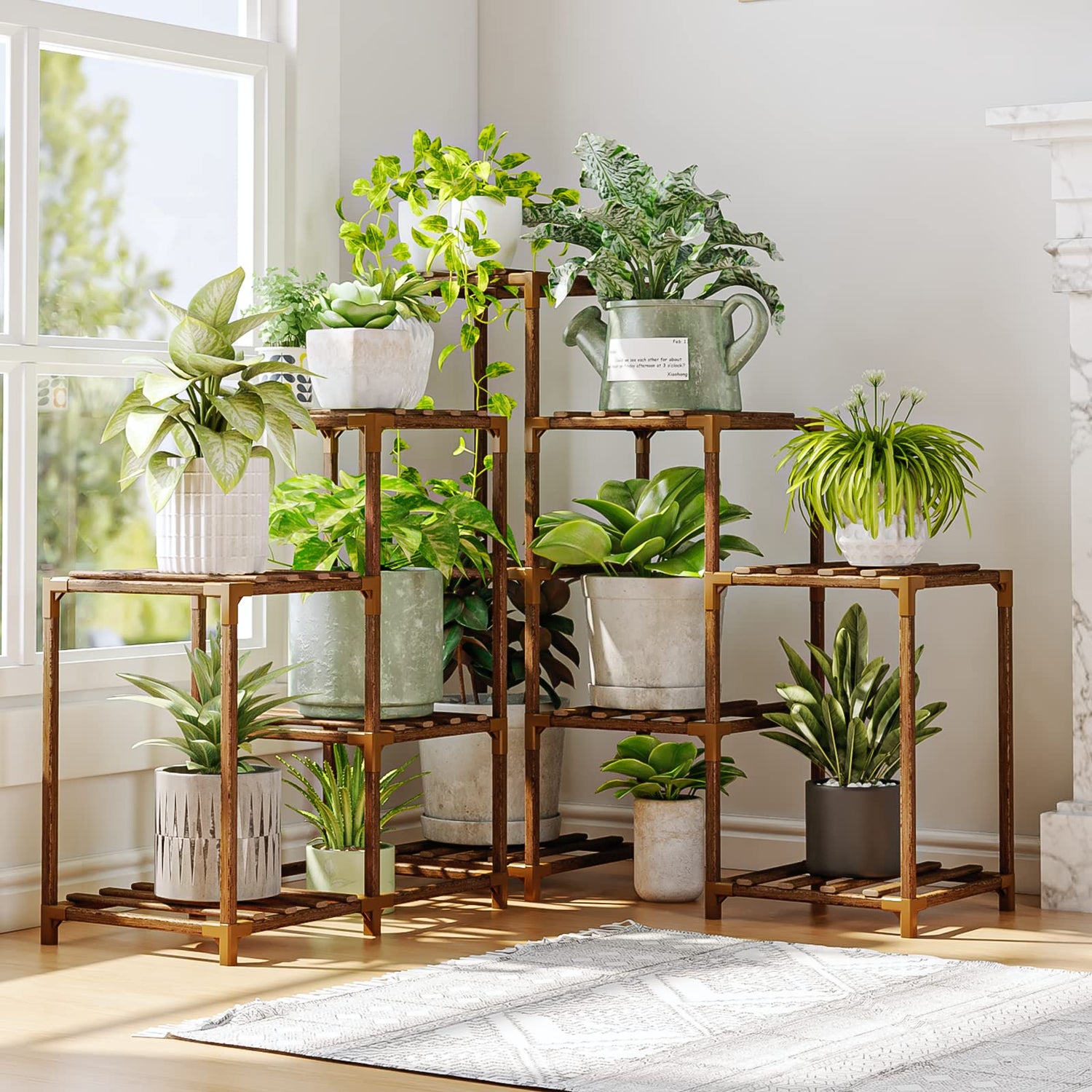 Space-saving plant display rack with durable wooden construction