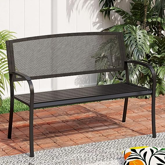 50-Inch Cast Iron Steel Frame Garden Bench Outdoor Chair w/Floral