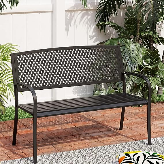 50-Inch Cast Iron Steel Frame Garden Bench Outdoor Chair w/Floral