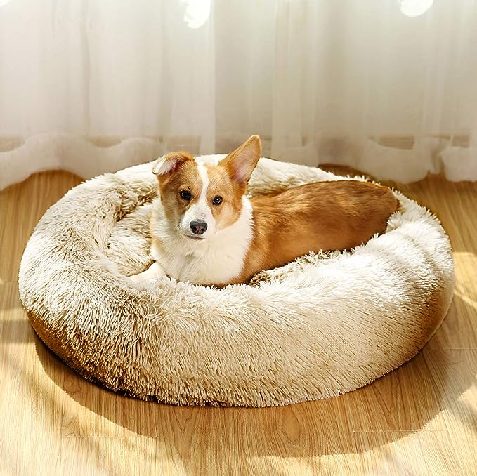 Shag Vegan Fur Donut Comfortable Dog Bed for Medium Dogs