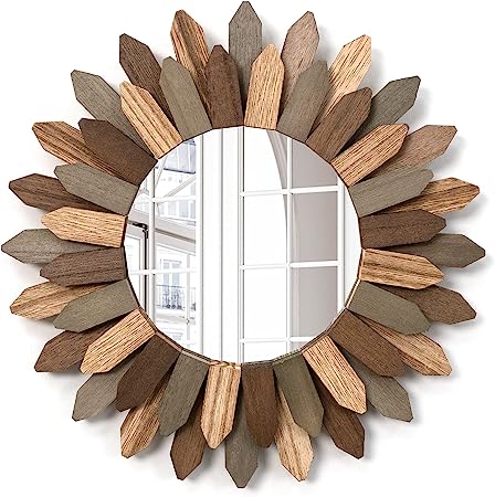 Wall Mirror 12 inch Rustic Wood Farmhouse Mirror Sunburst Boho Mirror Wall Decor
