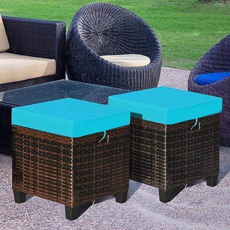 Hysache Outdoor Patio Ottoman Set of 2, All Weather Rattan Ottoman Set