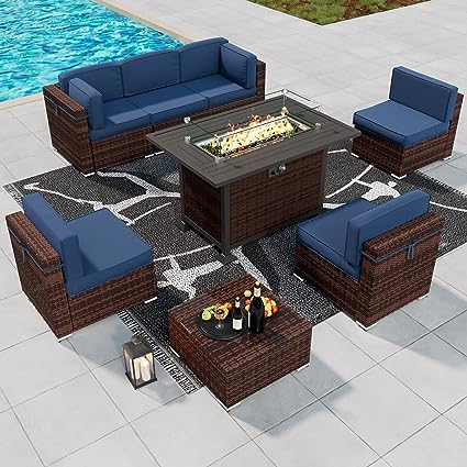 8 Piece Patio Furniture Sets with Gas Fire Pit Table, Outdoor Patio Furniture Sofa Sectional