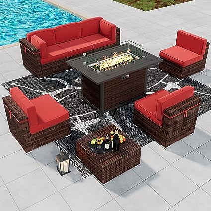 8 Piece Patio Furniture Sets with Gas Fire Pit Table, Outdoor Patio Furniture Sofa Sectional