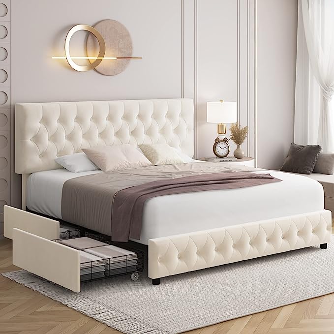 Modern Upholstered Bed Frame with 4 Drawers, Button Tufted Headboard Design