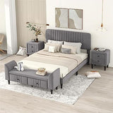 4 Pieces Bedroom Furniture Set, Queen Size Upholstered Bed with Storage Bench and 2 Nightstands