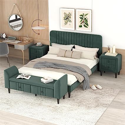4 Pieces Bedroom Furniture Set, Queen Size Upholstered Bed with Storage Bench and 2 Nightstands