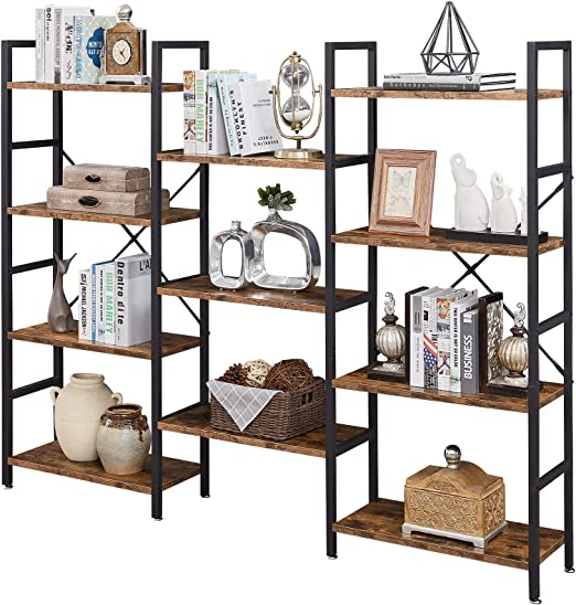 Triple 4 Tier Bookshelf, Bookcase with 11 Open Display Shelves