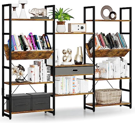 Triple Wide 5 Tier Bookshelf, Adjustable Rustic Industrial Style Book Shelves