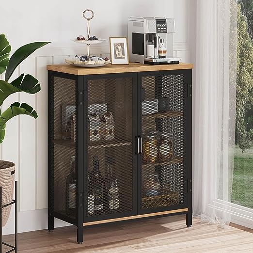 Industrial Coffee Bar Cabinet with Storage, Farmhouse Wood Metal Cabinet