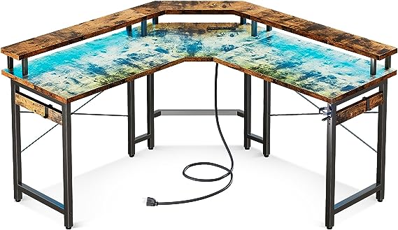 L Shaped Gaming Desk with LED Lights & Power Outlets, 51" Computer Desk
