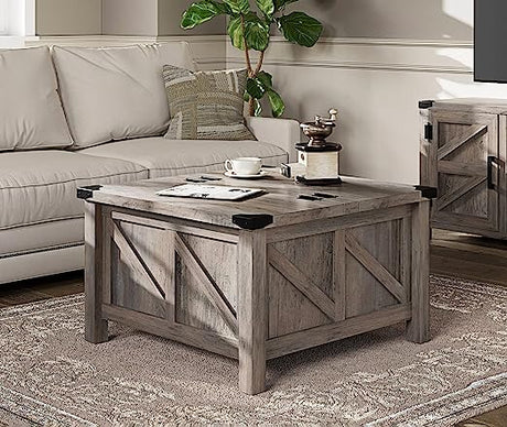 Square Wood Center Table with Gas Struts Lift-Top for Extra Large Hidden Storage