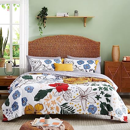 Full Comforter Set 8 PCS White & Green Dandelion Plant Comforter Set with Flowers Leaves Pattern