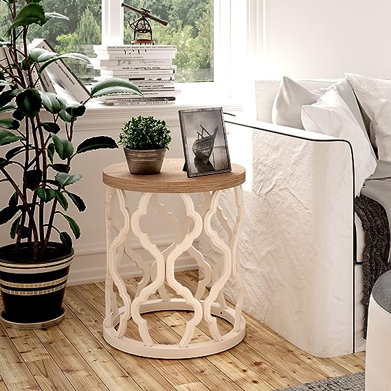 Farmhouse End Table, Distressed Wood Top Side Table with Curved Motif Frame Base