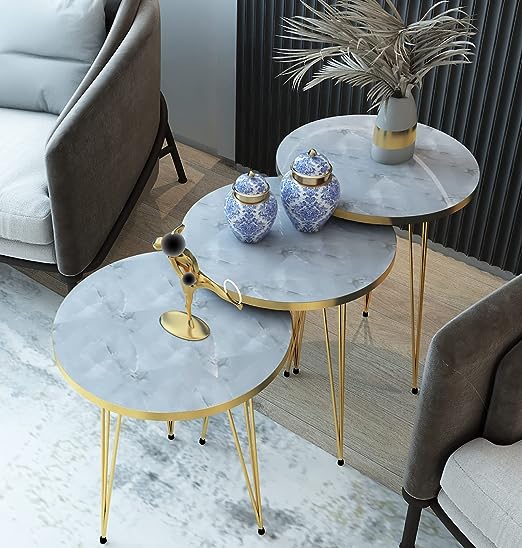 Set of 3 High Gloss White Marble Gold Legs Nesting