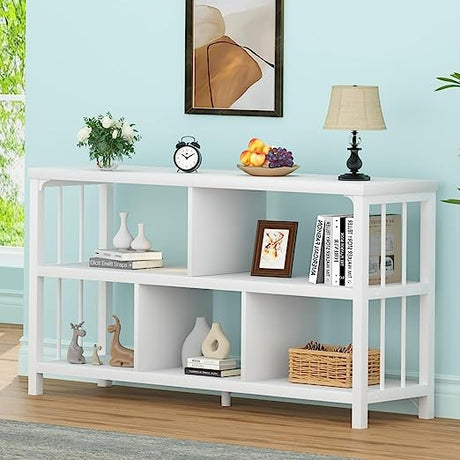 White Wood Bookshelf, Industrial Horizontal Cubby Book Shelf