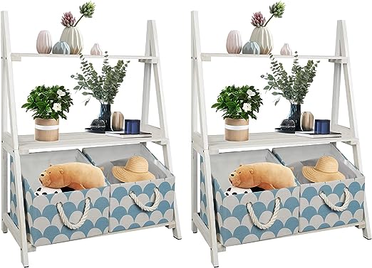 Small Ladder Shelf, 3-Tier Ladder with 3 Baskets, Wood Free Standing Display Stand